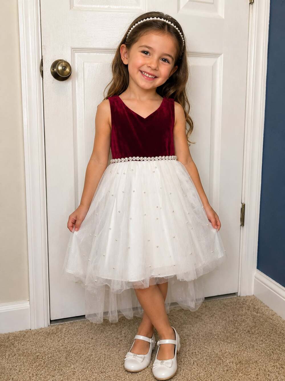 American Princess Girls Size 6 Velvet and Tulle Pearl Embellished Holiday Dress
